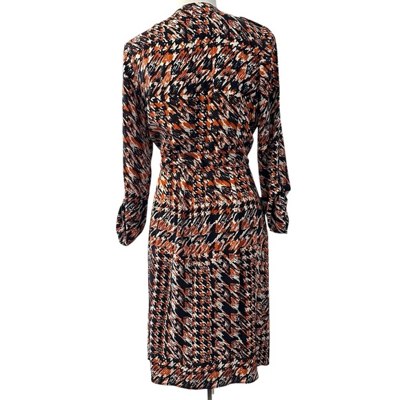 Tyler Boe Elegant Silk Navy Blue and Orange Patterned Long Sleeve Dress - Picture 2 of 16